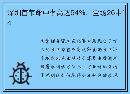 深圳首节命中率高达54%，全场26中14