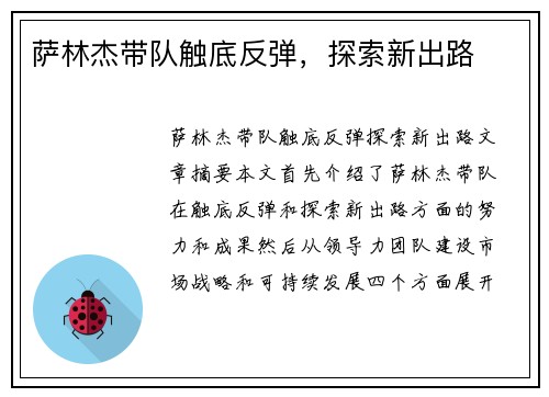 萨林杰带队触底反弹，探索新出路